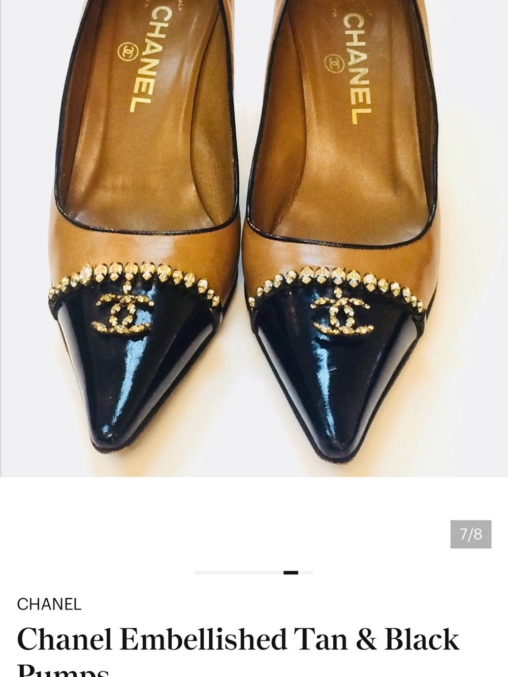 CHANEL Tan Leather Pumps with Black Patent Pointed Toe 38.5